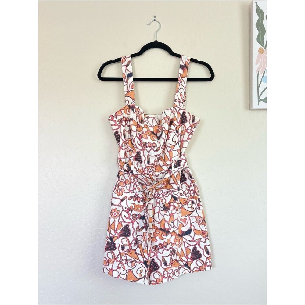 House of Harlow Floral Linen Belted Romper Retro 60s Linen Buckle Size 8 - Picture 2 of 8